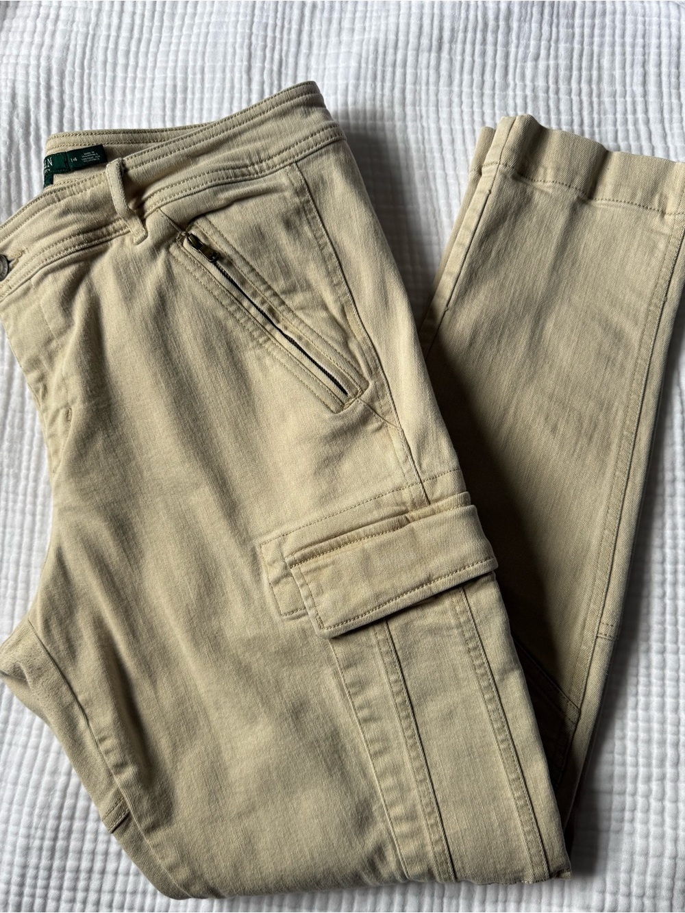 Ralph Lauren Khaki Cream Denim Trouser Cargo stretch skinny pants Womens 14